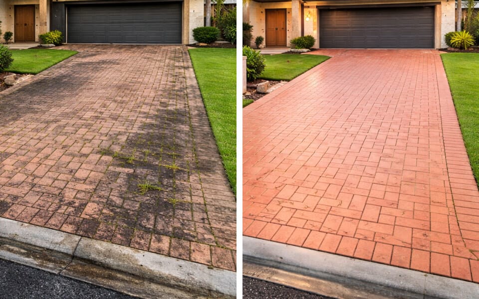Side-by-side comparison of a driveway before and after cleaning; the left side shows dirt and weeds, the right side is clean and free of debris.