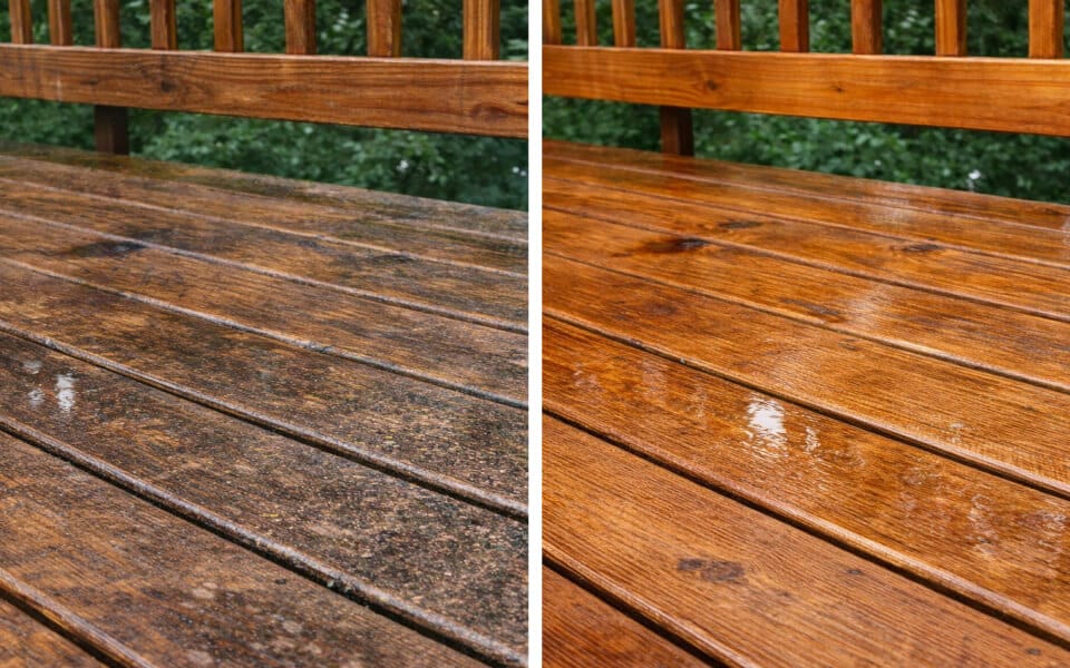 Side-by-side comparison of a wooden deck before and after cleaning; left side is dark and dirty, right side is clean and shiny.