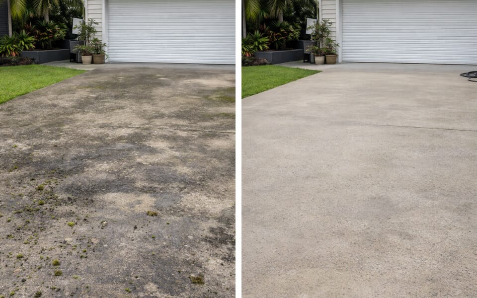 Side-by-side comparison of a driveway before and after cleaning; the left side is dirty and stained, while the right side appears clean and well-maintained.