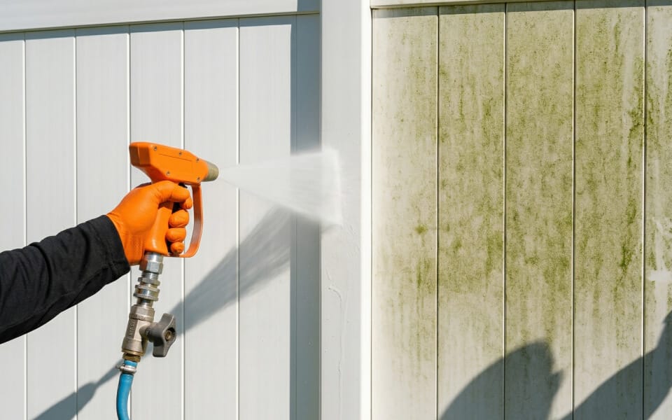 A person wearing an orange glove sprays water to clean a white vinyl fence covered in green algae or mold on one side.