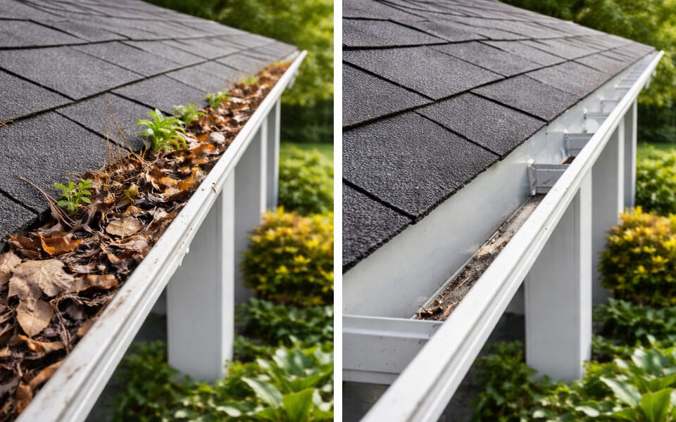 Side-by-side comparison of a house gutter: the left side shows gutters clogged with leaves and plants, while the right side shows the same gutter cleaned and clear.