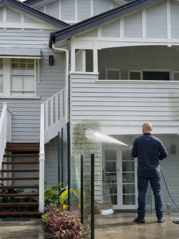 A person uses a pressure washer to clean mold or dirt off the exterior siding of a two-story gray house.