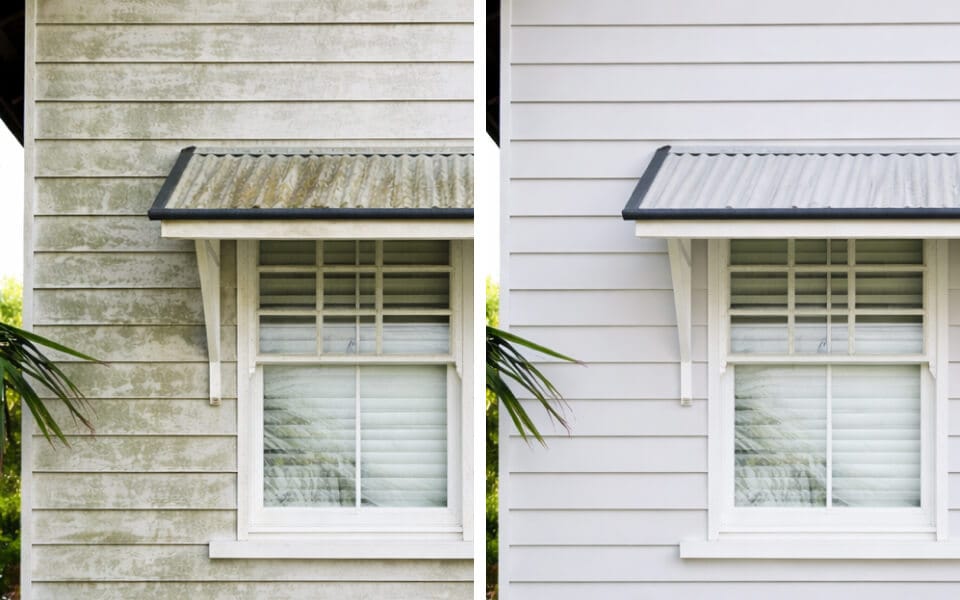 Side-by-side comparison of a house exterior showing one side with dirty, weathered siding and the other side cleaned and freshly painted.