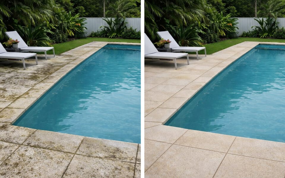Side-by-side comparison of a poolside patio, with one side showing dirty, stained tiles and the other side showing clean, well-maintained tiles.