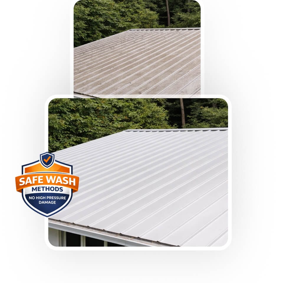 Side-by-side images of a metal roof before and after cleaning; the top shows a dirty roof, the bottom shows a clean, white roof with a "Safe Wash Methods" badge.