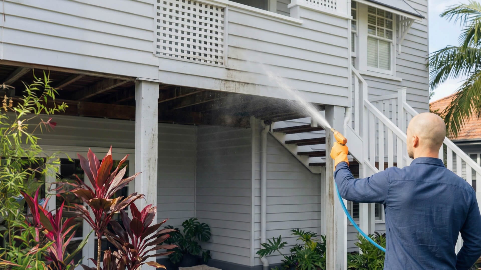 A person uses a hose to clean the exterior wall of a raised house, spraying water on dirt and grime near a balcony.