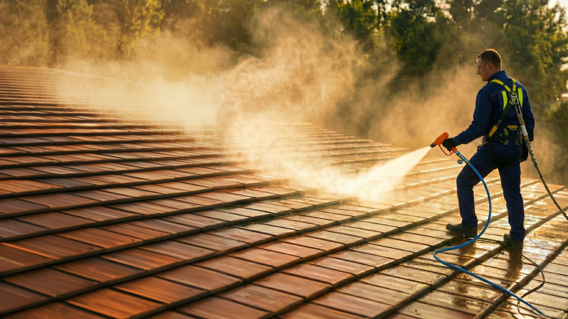 A worker in safety gear uses a pressure washer to clean a tiled roof, with water spray and sunlight visible.