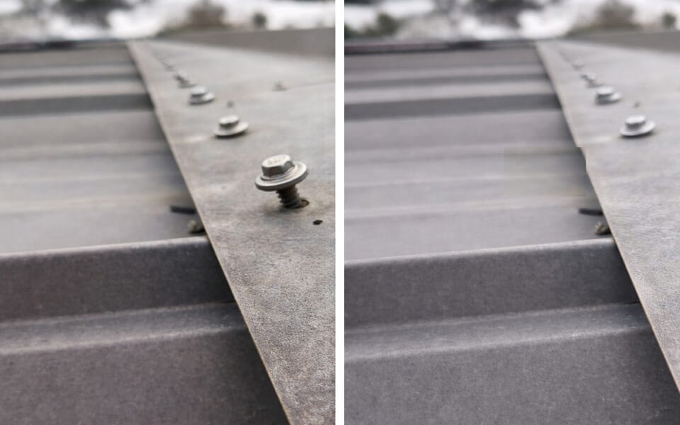 Side-by-side images of a metal roof: the left side shows a loose, raised screw, while the right side shows all screws properly tightened.