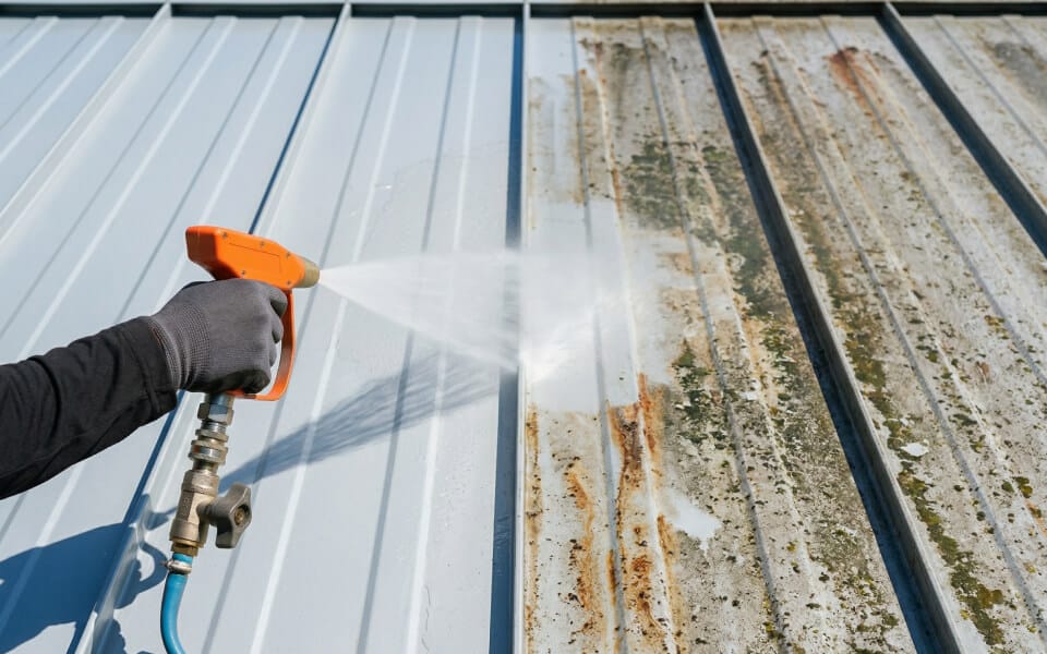 A person uses a pressure washer to clean dirt and rust from a corrugated metal roof, showing a clear difference between the cleaned and dirty sections.