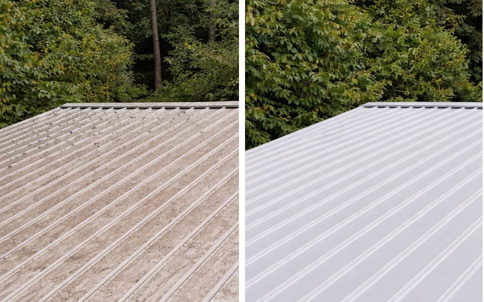 Side-by-side comparison of a metal roof, with the left side showing it covered in dirt and the right side showing it clean. Trees are visible in the background.