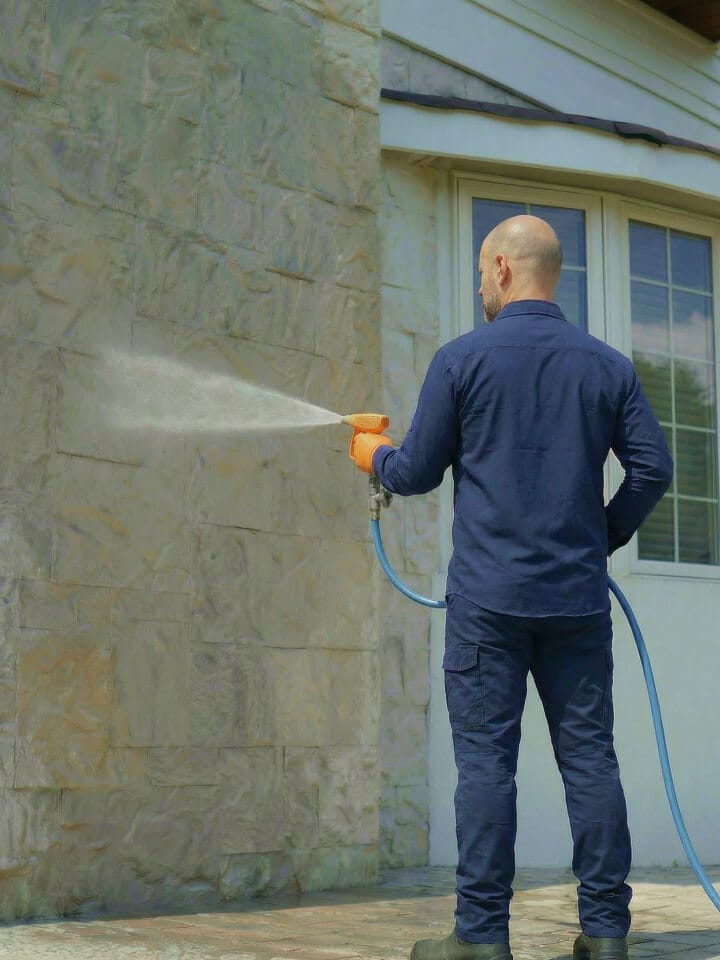 A man in blue work clothes uses a spray nozzle to clean the exterior stone wall of a building near a window.