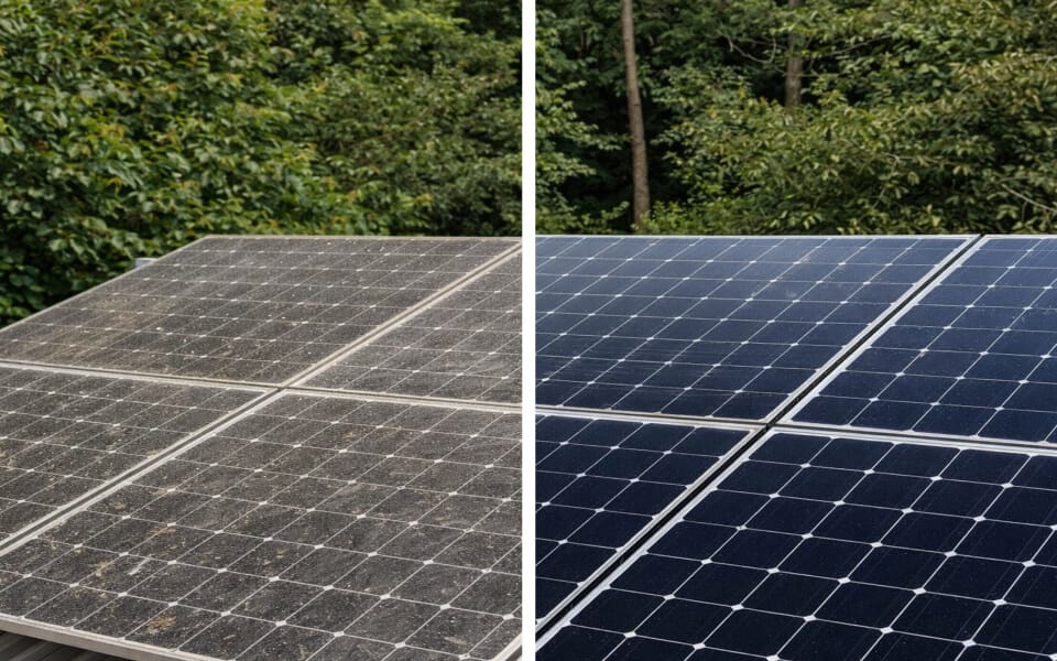 Side-by-side comparison of solar panels, with the left panels covered in dirt and the right panels clean, set against a background of trees.