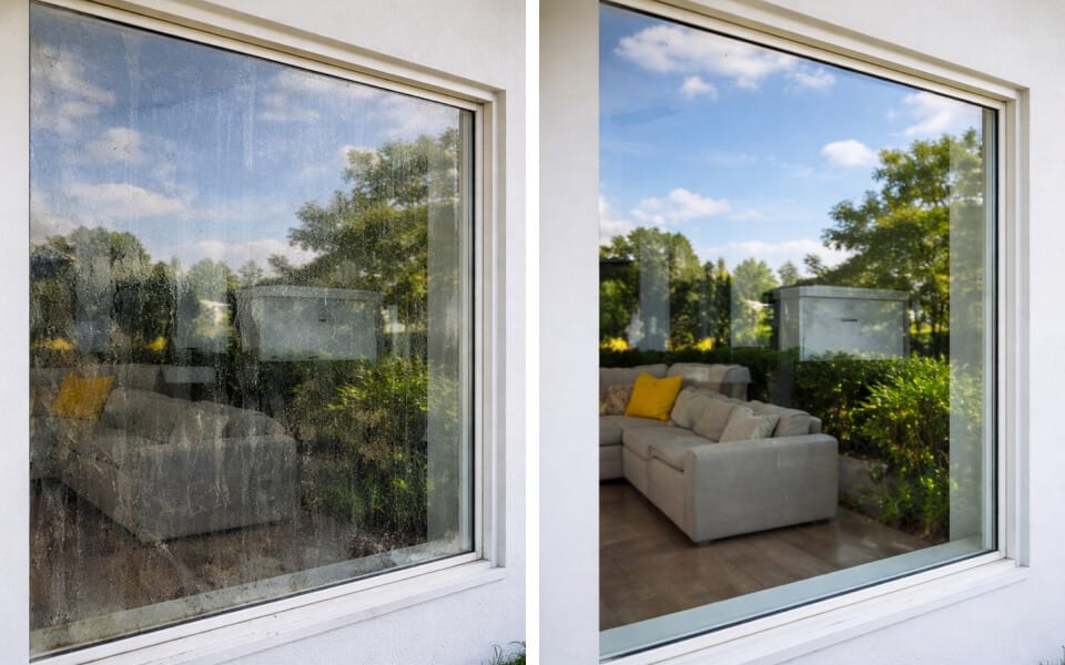 Side-by-side comparison of a dirty window on the left and the same window cleaned on the right, both showing a view of a sofa and greenery outside.